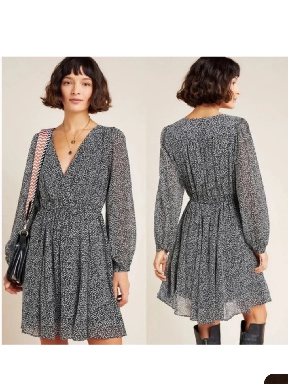 Joie Cheetah Silk Black and White Patterned V-Neck Dress Wrap Style XS
